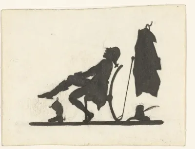 Ontwerp voor illustratie voor In Holland staat een huis: silhouet van de man die zijn laarzen aantrekt