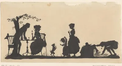 Ontwerp voor In Holland staat een Huis: silhouet van een familie in de tuin, met de meid en tuinman