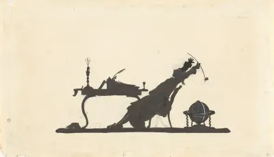 Ontwerp voor In Holland staat een Huis: silhouet van een man achter zijn bureau