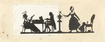 Ontwerp voor In Holland staat een Huis: silhouetten van een musicerend paar en de meid die op het kind past