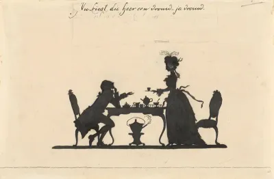 Ontwerp voor In Holland staat een Huis: silhouetten van man en vrouw aan de thee