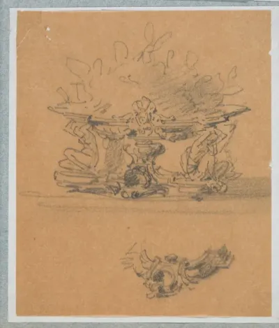 Ontwerp voor jardinière met knielende figuren, met daaronder detail met schild