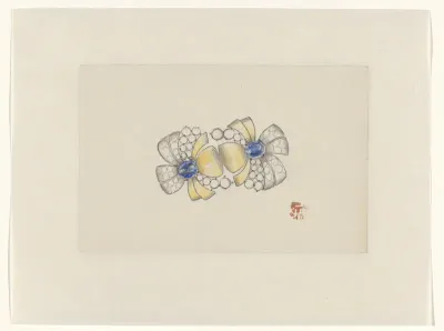 Ontwerp voor juweel in de vorm van twee gestileerde bloemen, met goud en saffieren