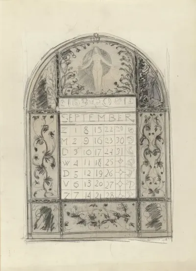 Ontwerp voor kalender van 1901: ornamentale rand met staande naakte vrouw en onderliggend blad voor de maand September