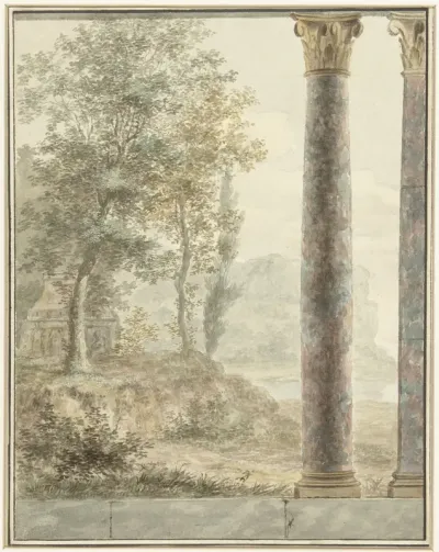 Ontwerp voor kamerbeschildering met landschap met fragment van antiek bouwwerk