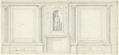 Ontwerp voor kamerversiering met drie panelen met boven de schoorsteenmantel een staande figuur
