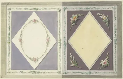 Ontwerp voor kamerversiering met twee panelen, een met een ruit in geel en een met een krans van rozen in een ruit