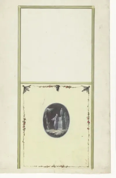 Ontwerp voor kamerversiering met verticaal twee panelen, de onderste met een chinoiserie