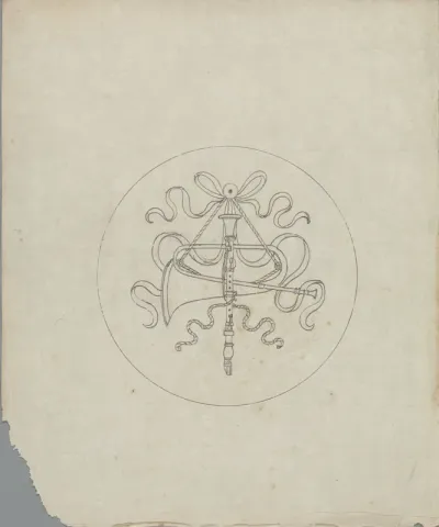 Ontwerp voor marqueterie van aan linten opgehangen muziekinstrument(en) in rond medaillon