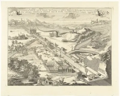 Ontwerp voor Romeinse heerweg (heirbaan) met grafmonumenten en triomfboog