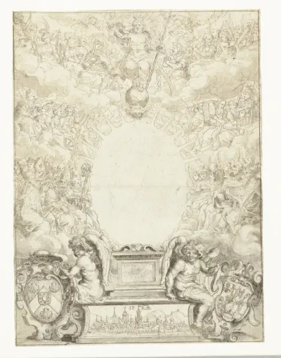 Ontwerp voor titelblad met Christus omringd door figuren