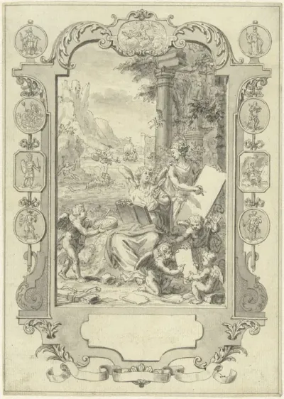 Ontwerp voor titelpagina voor Algemene Historie van het begin der wereld af, deel V