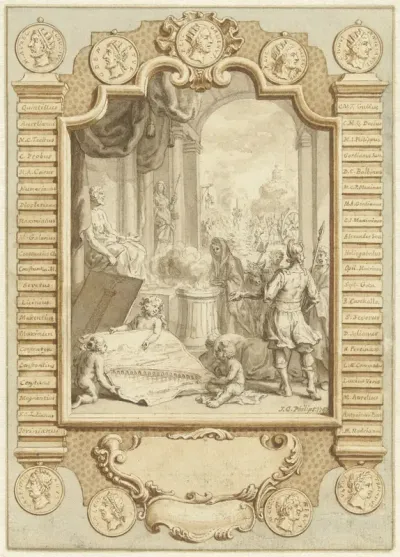 Ontwerp voor titelpagina voor Algemene Historie van het begin der wereld af, deel XIII, 1747