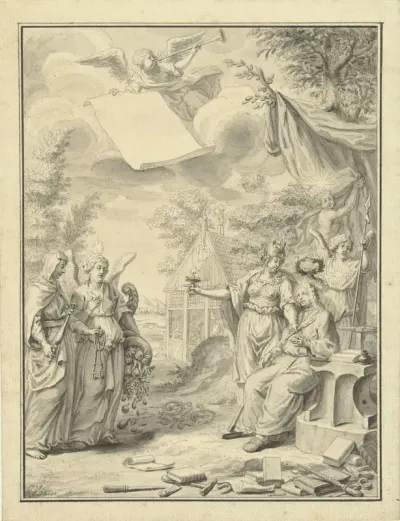 Ontwerp voor titelpagina voor Alle de werken van Adriaan de Kramer, 1736