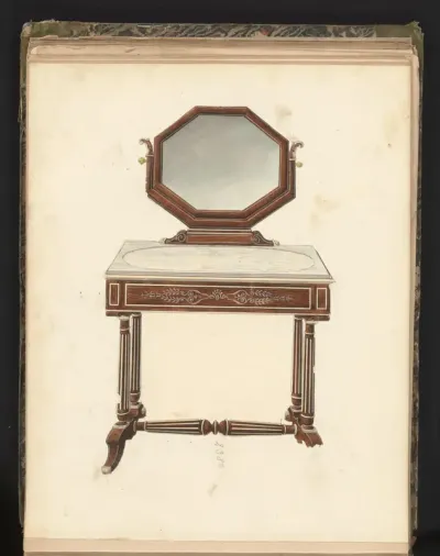 Ontwerp voor toilettafel met achthoekige spiegel
