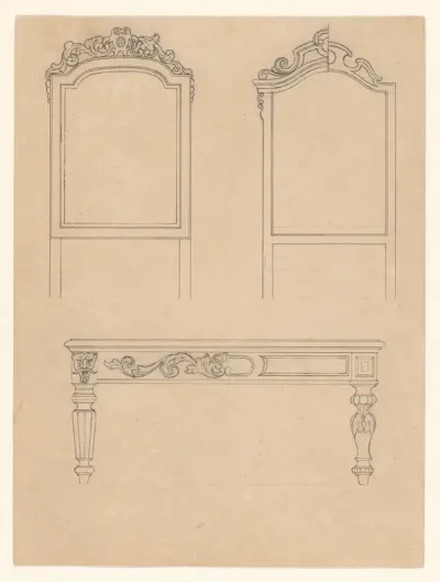 Ontwerp voor twee spiegels en een tafel, de rechter spiegel en de tafel met alternatieven voor rechts en links