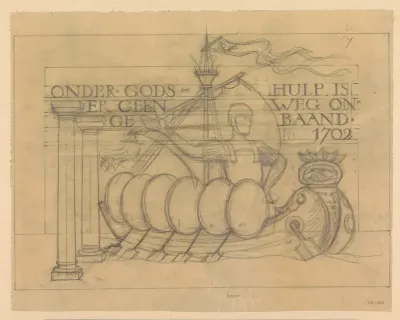 Ontwerp voor wandschildering in de Beurs van Berlage: embleem met spreuk