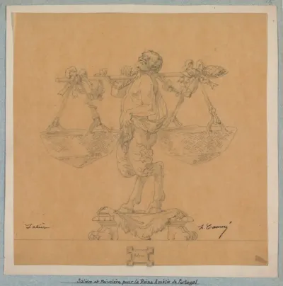 Ontwerp voor zoutvat in de vorm van een satyr die twee manden draagt, met daaronder een plattegrond
