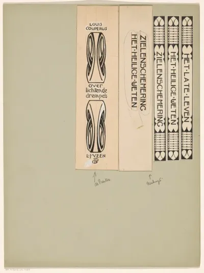 Ontwerpen voor boekruggen voor: Louis Couperus, Over lichtende drempels, 1903, en De boeken der kleine zielen, 1901-1903