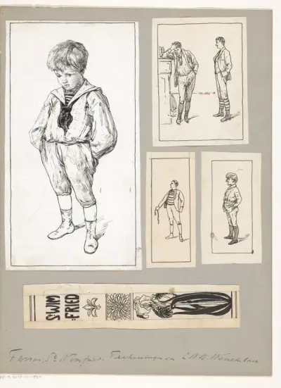 Ontwerpen voor een boekrug en illustraties voor: F.W. Farrar, St. Wimfried of de schoolwereld, 1894