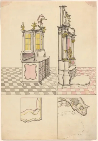 Ontwerpen voor een commode met een vitrineopstand en een altaar
