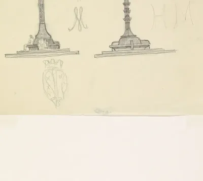Ontwerpen voor een monument met bank en het wapen van Haarlem