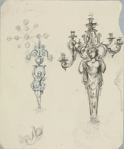 Ontwerpen voor een torchère in de vorm van een vrouwenfiguur met daarop een kandelaber, een kandelaber met een hermschacht, een jongetje, een schild en een voetstuk