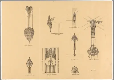 Ontwerpen voor lampen, een klokwand en een radiatorscherm