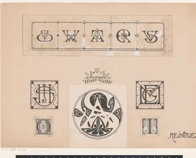 Ontwerpen voor monogrammen, initialen O en I en vignet met monogram WS