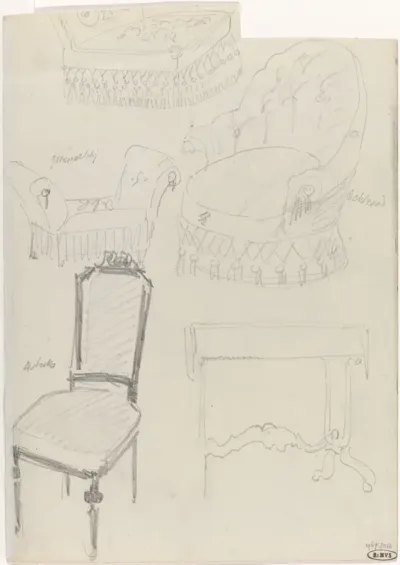 Ontwerpen voor stoelen en een tafel