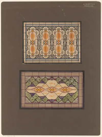 Ontwerpen voor twee glas in loodramen met florale ornamenten en rolwerk