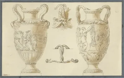 Ontwerpen voor twee tuinvazen, met detailstudies van de hengsels