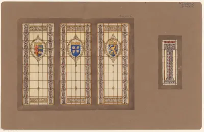 Ontwerpen voor vier glas in loodramen, waarvan drie met heraldische wapens