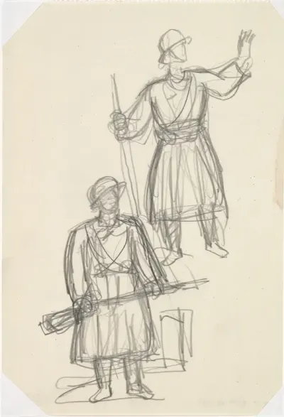 Ontwerpschets affiche voor propaganda kunstbescherming in het leger, schets met twee soldaten.