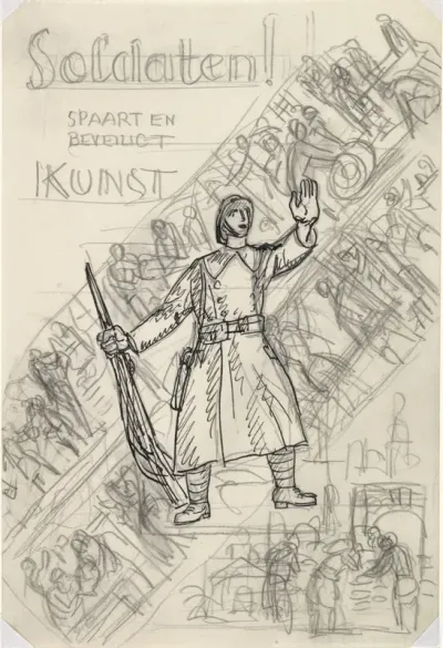 Ontwerpschets affiche voor propaganda kunstbescherming in het leger, schets van soldaat met op de achtergrond twee diagonale friezen