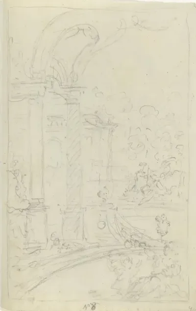 Ontwerpschets van een tuin met gebouwen