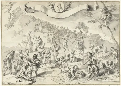 Ontwerptekening voor de prent Hebzucht probeert Fortuna in te halen, 1720