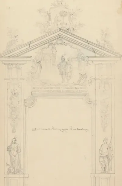 Ontwerptekening voor de prent van de erepoort in de Wijngaardstraat te Veere, 1766