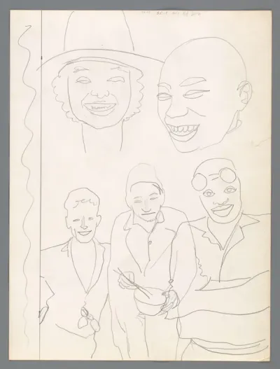 Ontwerptekening voor een spread in een fotoboek met vijf figuren