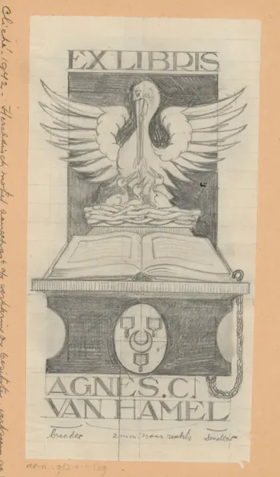 Ontwerptekening voor ex libris van Agnes C. van Hamel