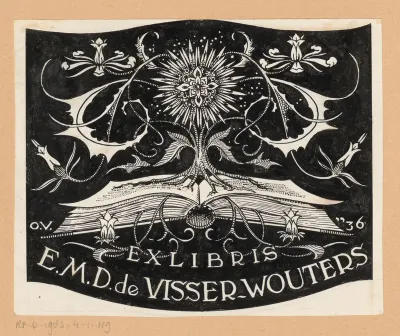 Ontwerptekening voor ex libris van E.M.D. de Visser-Wouters