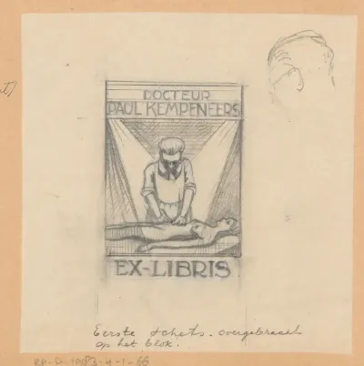 Ontwerptekening voor ex libris van Paul Kempeneers met schets van een hoofd