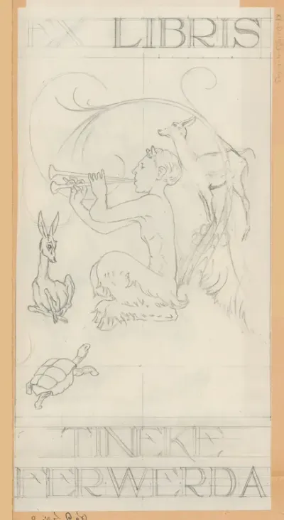 Ontwerptekening voor ex libris van Tineke Ferwerda