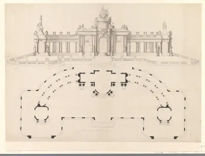 Ontwerptekening voor het theater voor het vuurwerk voor de Vrede van Aken te Den Haag, 1749