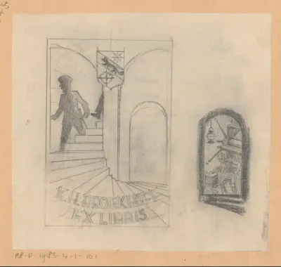 Ontwerptekenings voor ex libris van Karel Henri Broekhoff