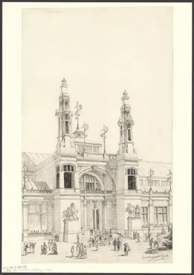 Onuitgevoerd ontwerp voor de toegang van het tentoonstellingsgebouw voor de Wereldtentoonstelling voor het Hotel- en Reiswezen in 1895