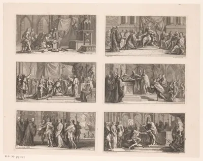 Onversneden vel met zes voorstellingen uit de geschiedenis van de abdij van Saint-Denis