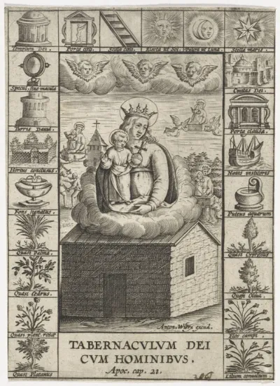 Onze Lieve Vrouw van Loreto, te midden van symbolen uit de Lauretaanse Litanie