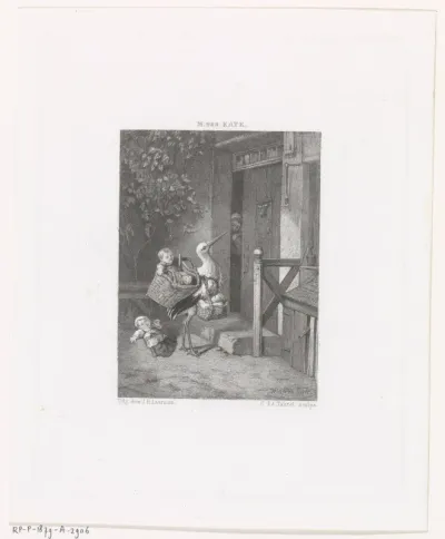 Ooievaar met babies voor een huisdeur