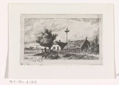 Ooievaarsnest tussen huizen aan de waterkant